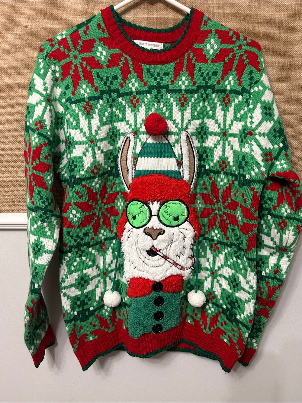 Festive Llama Crewneck Sweater — Green & Red Holiday Knit